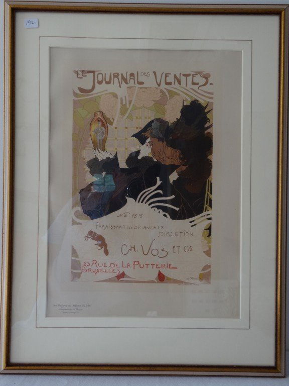 Les Maitres de l'Affiche: Plate 146 George De Feure Poster for Journal des Ventes (Auction News) Paris. Published In Brussels by Vos. 1897 Paris Le Mercier 15" x 10 3/4" Gallery framed