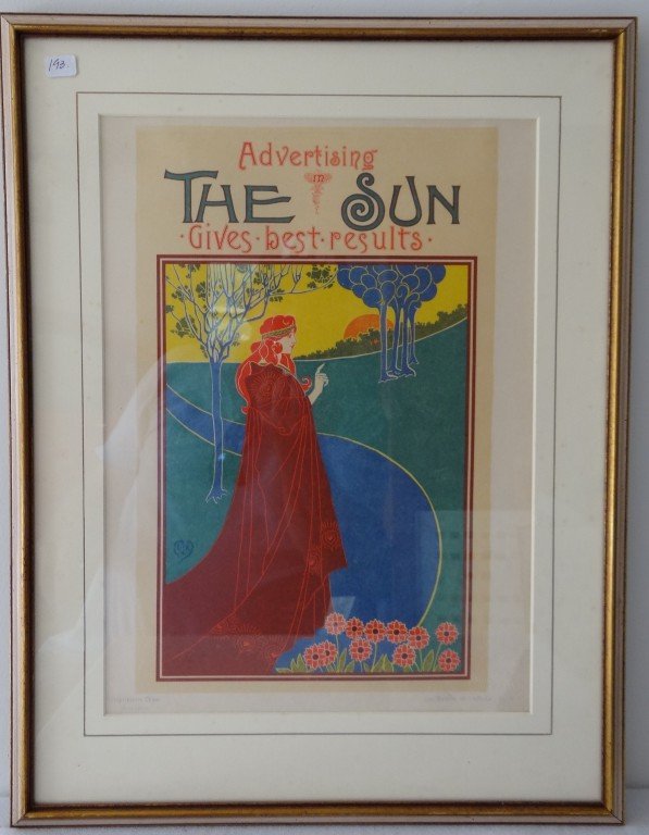 Les Maitres de l'Affiche: Plate 8 American poster for The Sun newspaper. 1894 NY Louis Rhead 15" x 11' Gallery framed. Water damage to L. R.