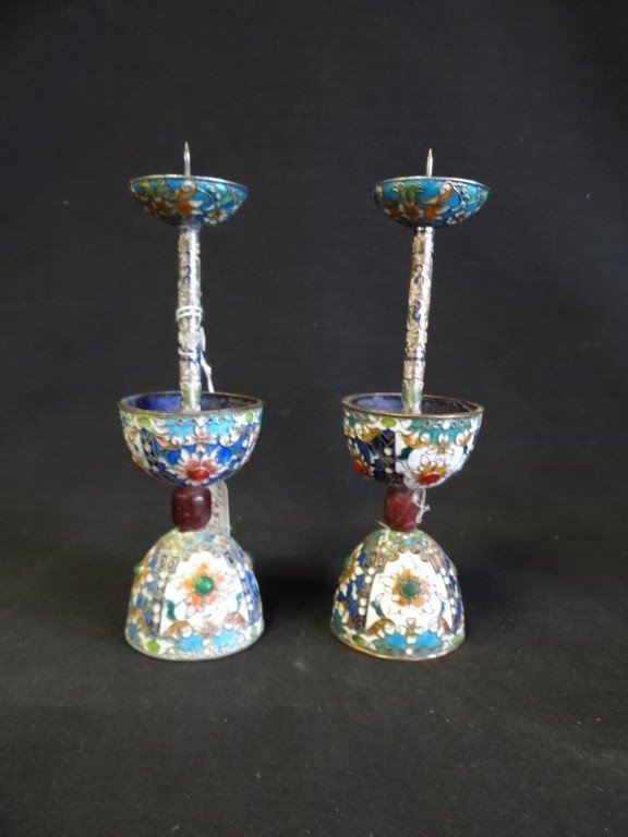 Pair of Chinese cloissone pricket candlesticks: Pair of enameled pricket candlesticks with hardstone inlay. Marked at bottom; 8.5in. H.