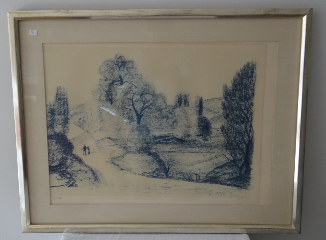 Andre Derain Lithograph Signed: Andre Derain lithograph, a landscape, pencil signed and numbered 47/75 (gallery label on the reverse). 17" x 23.5"