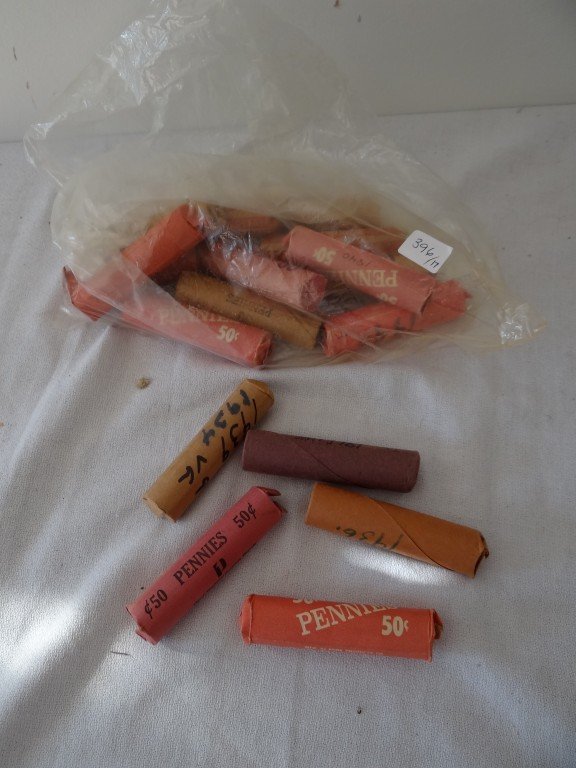 Seventeen Rolls of Pennies: 50 pennies to a wrapper. (approx.) 1930; 1935; 1936 (2); 1937(2); 1939's and 1934's (same wrapper); 1940 (3); 1946; 1959; 1961 Unc. ;1963 1970; 1974 (2)