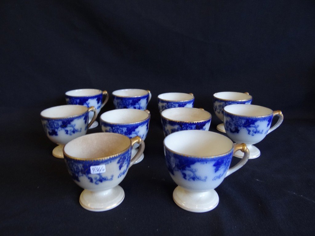Ten Flo-Blue Porcelain Cups: Footed 3.25"H.