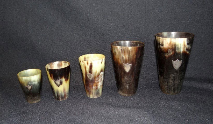 Set of Five Rhino horn Cups: A set of five(5) rhino horn cups in graduating sizes given as a gift from Sardar Ahmed Shah Khan (Member of Royal Family) . Given as a gift to a grandson. (with accompanying certificate. Two largest c