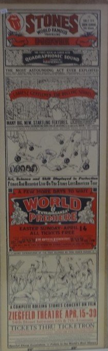 Rolling Stones vintage poster and tickets(6): Promotional Rolling Stones poster 1974 concert film "Ladies and Gentlemen- The Rolling Stones" with 6 original tickets; Poster-34.25IN. X 10.5IN.