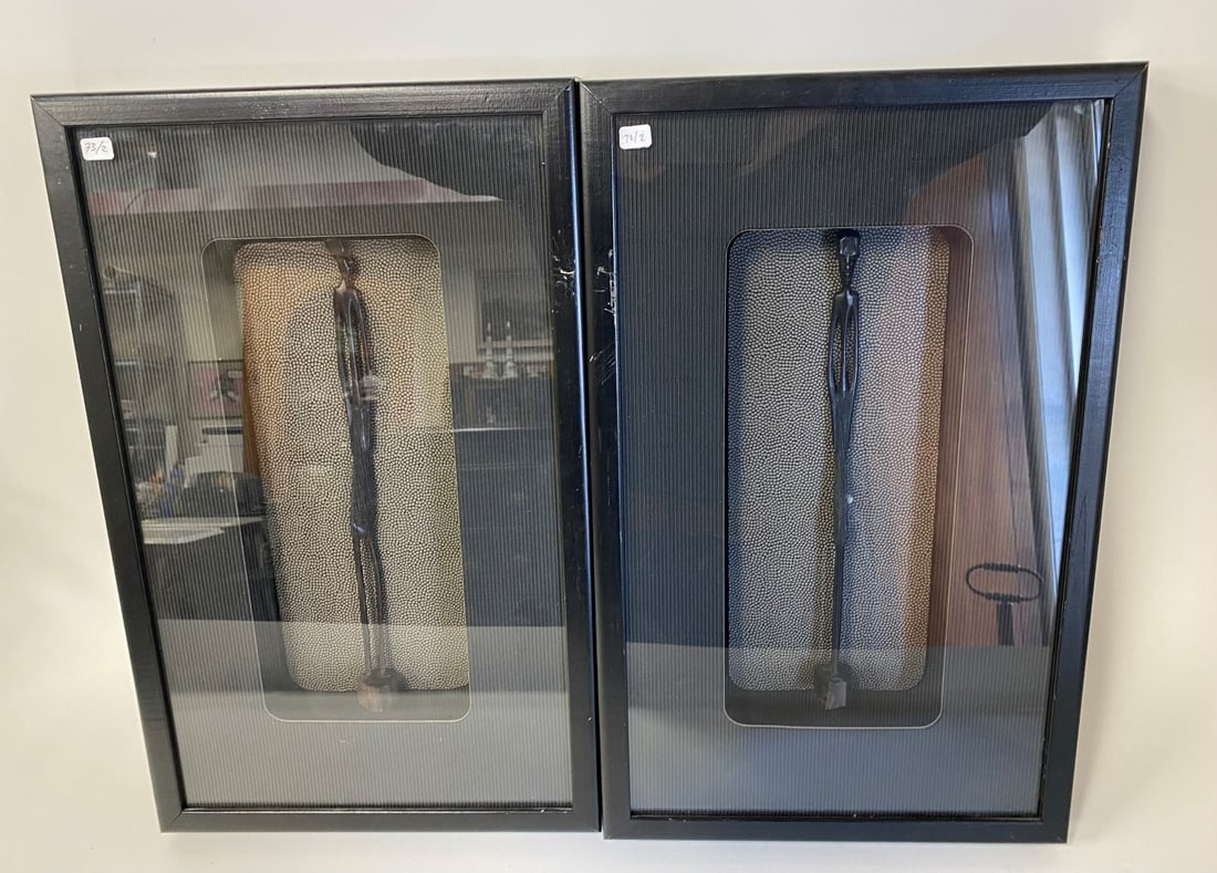 Pr. Carved African Wooden Figures Finely Framed: Carved wooden African figures, finely framed in deep shadow boxes with "ribbed" fine art matting and windowed "display". Framed. 14"H x 6" (display window for the figures) and overall size 21 1/4"H x 