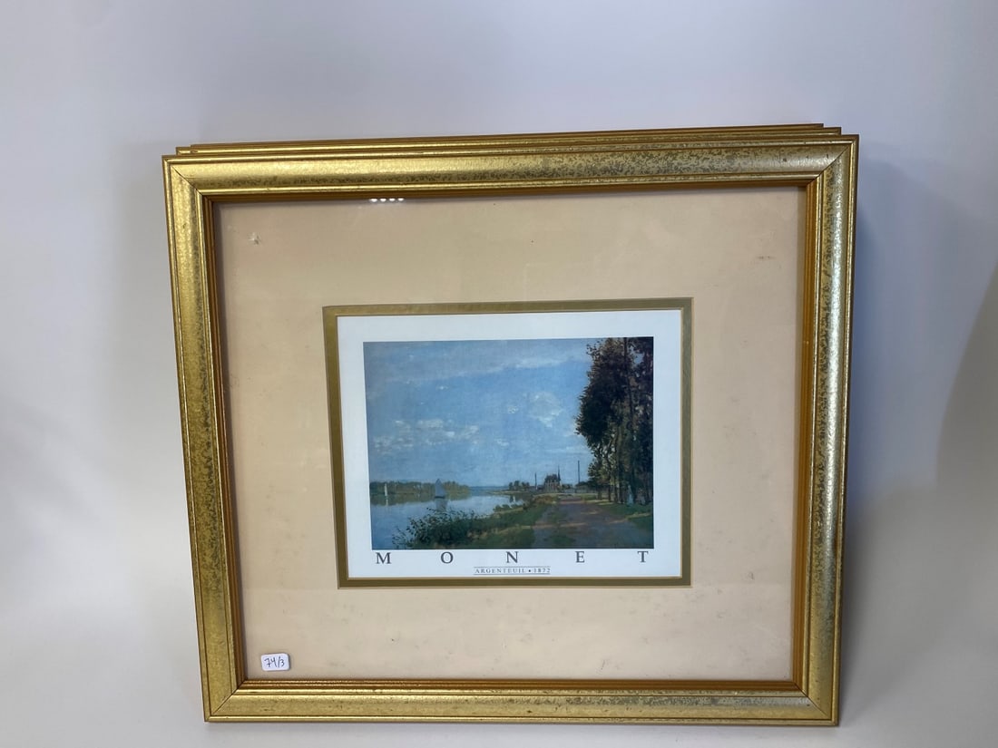 Monet Fine Art Prints Matted and Framed: Monet Vetheuil Sur Seine ; Monet Argenteuil 1872; Monet Antibes. Gallery matted and gilt framed. 7 1.2"H x 9 1/2"W and overall size is 16 3/16 x18 3/16"W Three in the lot.