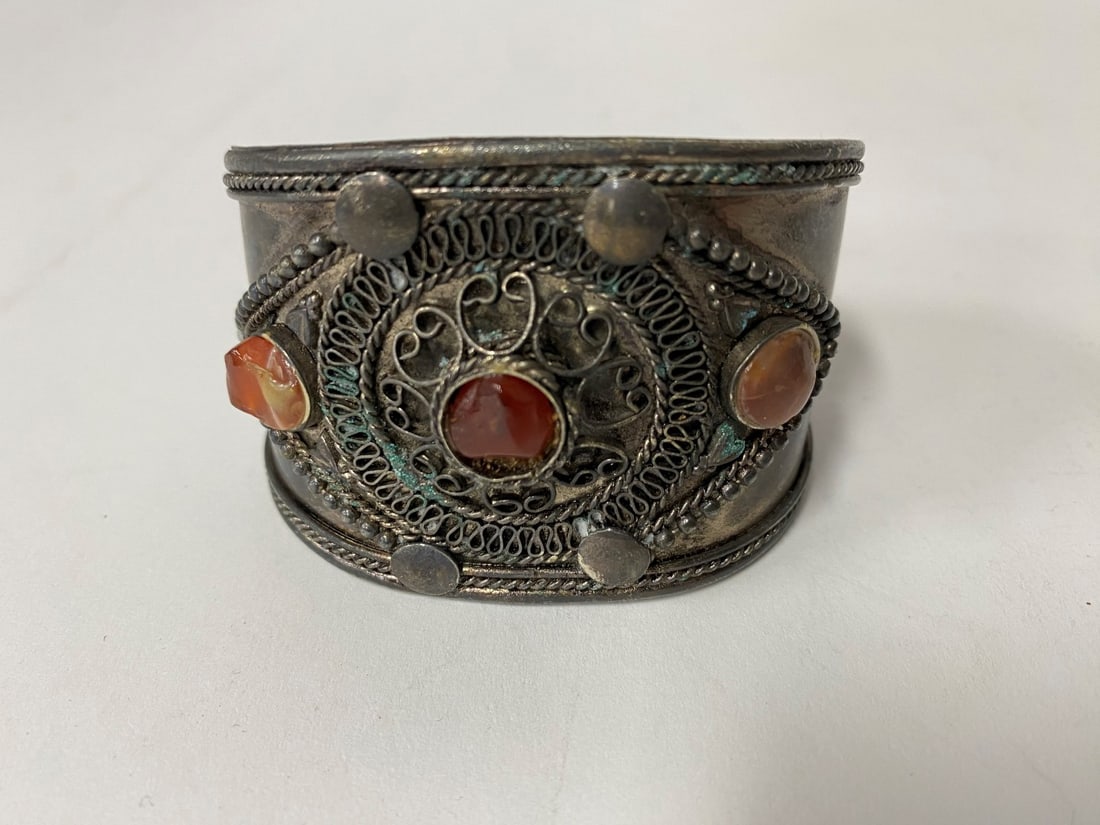 Antique Silver Cuff Bracelet Amber & Carnelian: Antique silver bracelet mounted with carnelian and amber. Unmarked.