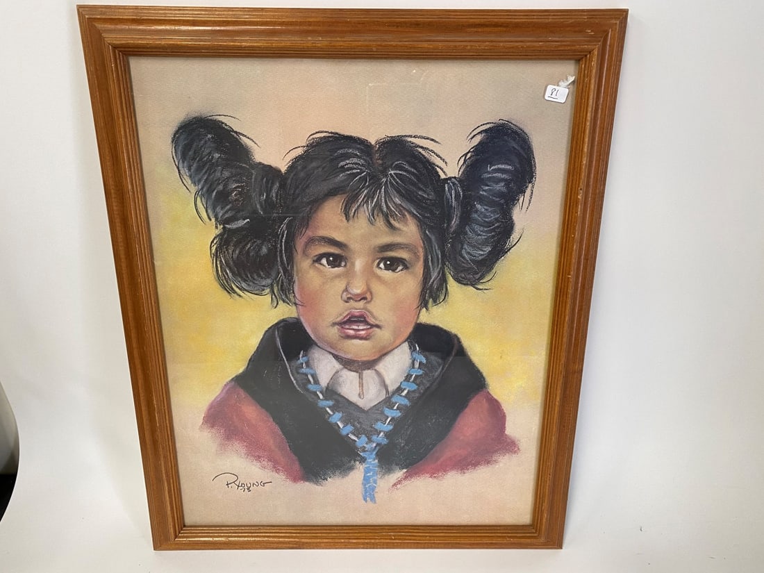 P. Young. Pastel. Young Indian Girl Signed: P. Young. Original pastel. Young Indian Girl with Squash Blossom necklace. In a maple frame. 22 7/8" x 18 7/8 W (Overall size)