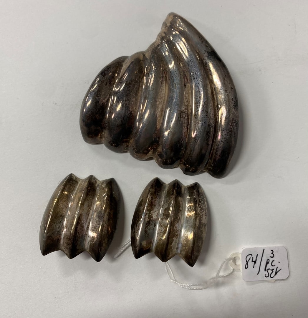 Large Sterling Silver Mexican Brooch & Earrings: Marked at the backside Mexico TY or TV and numbered. Marked as well 925. Earrings marked Mexico and 925 as well with makers mark. 3 1/2"H and 2 3/4"W Earrings Clip back
