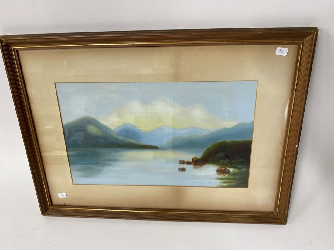 Antique Pastel, River and Mountain Scene: Matted and Frame. 9"H. x 15|W (Artwork) 15 3/4"H. x 21 3/4"W