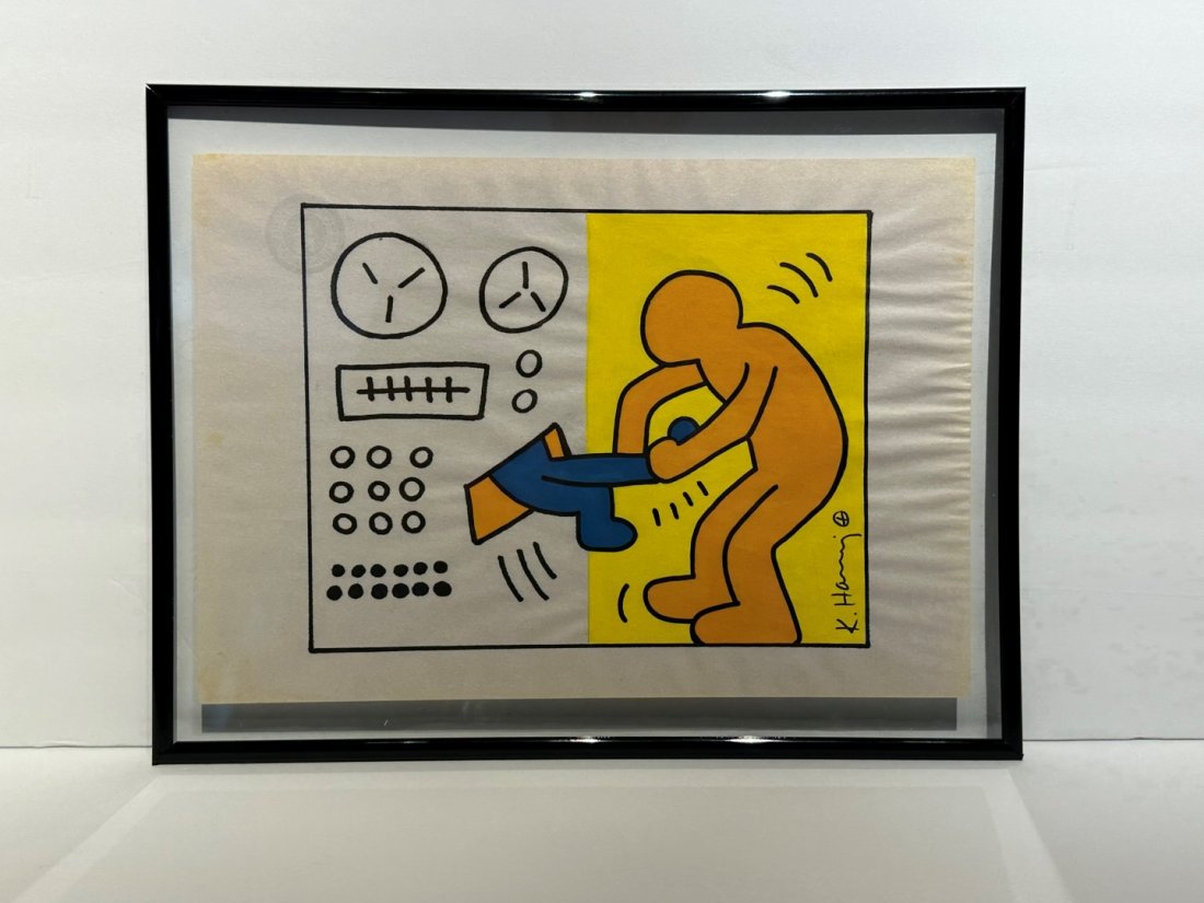 Keith Haring; 20thC. Modernist Felt Tip Drawing: Felt tip drawing on paper. Untitled(Mainframe Computer Figures). Bears signature and artist's device lower right; 6.75in. x 8.5in.(image), 10.25in. x 13.25in.(framed)