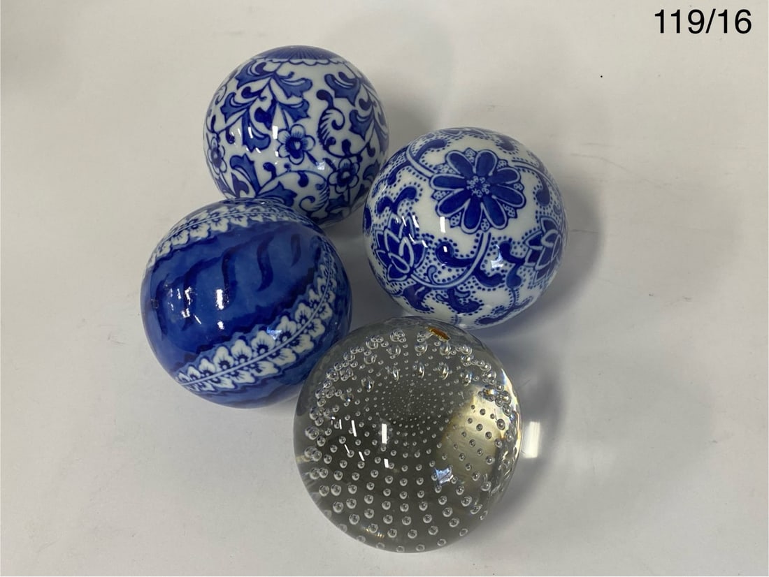 Contemporary Blue and White Balls (15) & Antique Bubble Glass Paperweight. Sixteen in the lot.: Sixteen items in the lot.