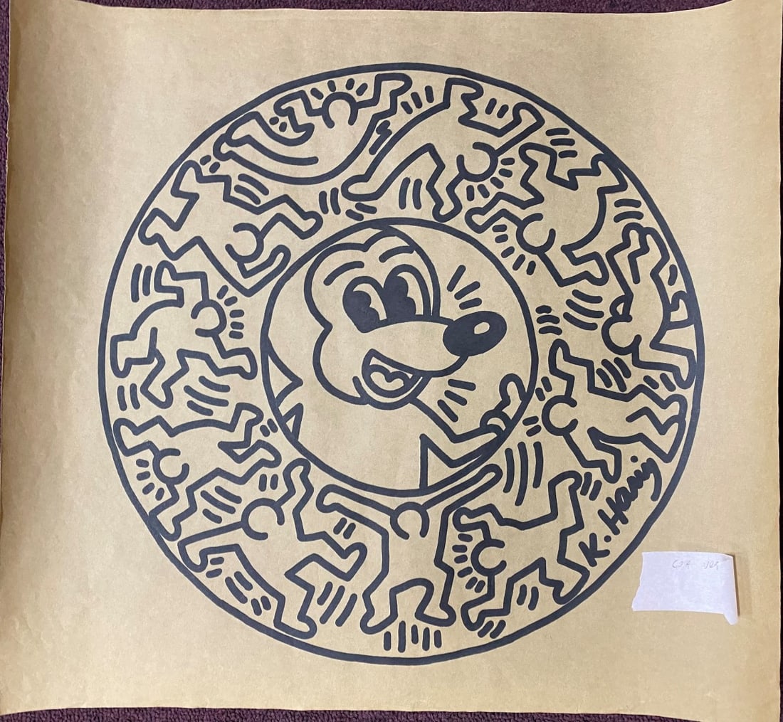 Keith Haring Litho Mickey Mouse Sgd. COA: On paper. Mickey Mouse encircled with Keith Haring Figures.Copyright marking in the paper. Signed certificate of authenticity on the paper . By Julia Gruen Executor for the Keith Haring Estate and dat