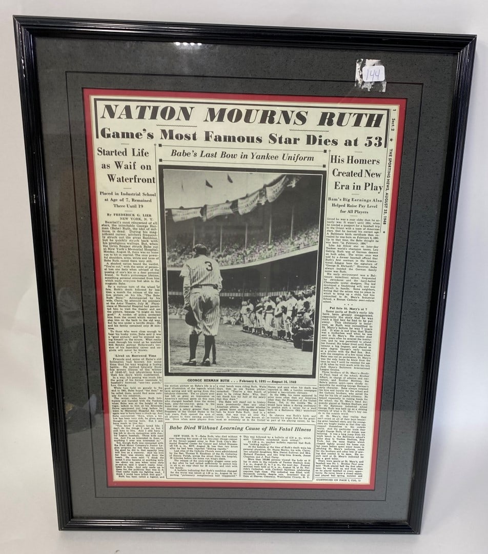 The Sporting News.8/25/48 Babe Ruth's Death: Nation Mourns Ruth. "Star Dies at 53" Gallery matted and framed. 19 3/4"h x 15"W