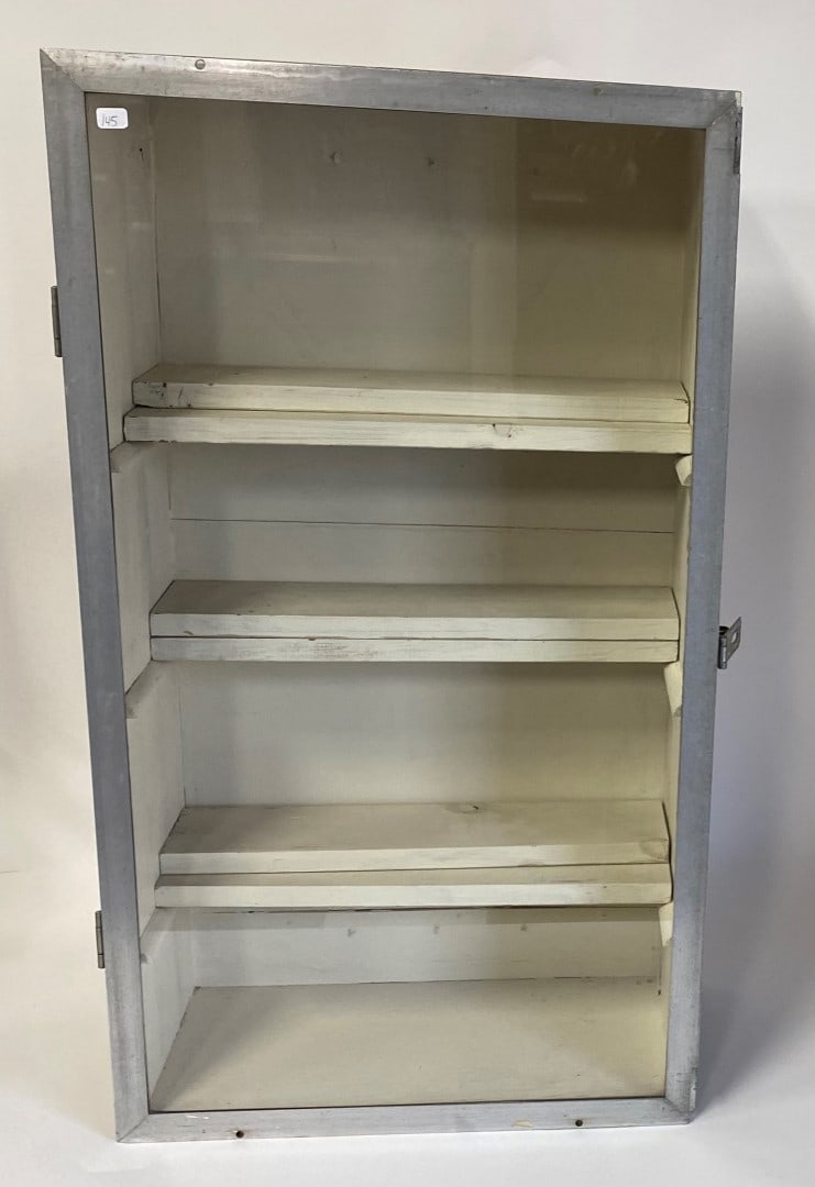 Vintage One Door Display Cabinet w/Shelves: 32 1/4"H x 18"W Three wooden shelves If bottom of case is used, four shelf areas.