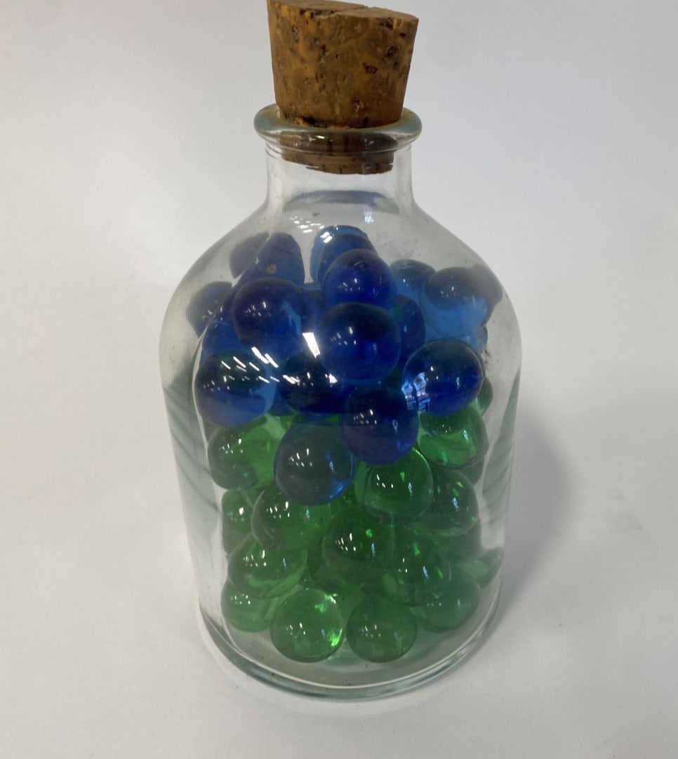 Jar of Collectible Glass Marbles (130): 100 green glass marbles and 30 blue glass marbles in the lot.