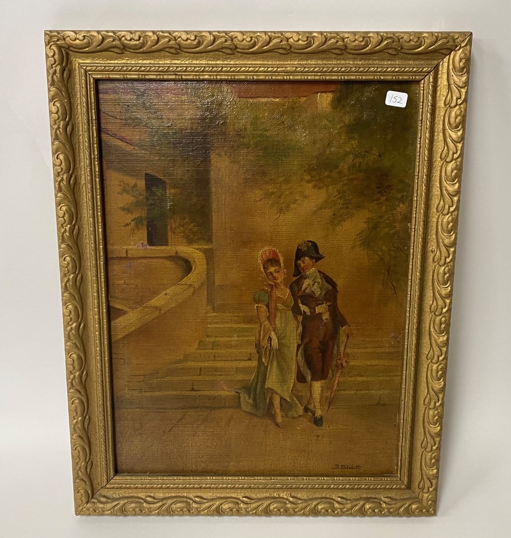 Fishblutt, B. Continental. 18th C. Oil Sgd.: Continental, 18th C. Signed. Oil on canvas, romantic portrait of a couple promenading , nicely framed.