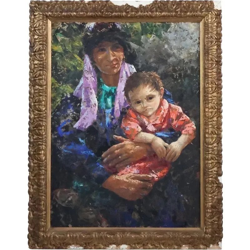 David Rawrsley; 20thC. American Oil - Mother and Child Signed: DAVID RAWRSLEY, 20th C. American, Oil on board. Mother and Child. Signed lower right; size: 36 in.x 26 in.(image), 43 in. x 33 in.(framed) Student of Nicolai Ivanovich Fechin