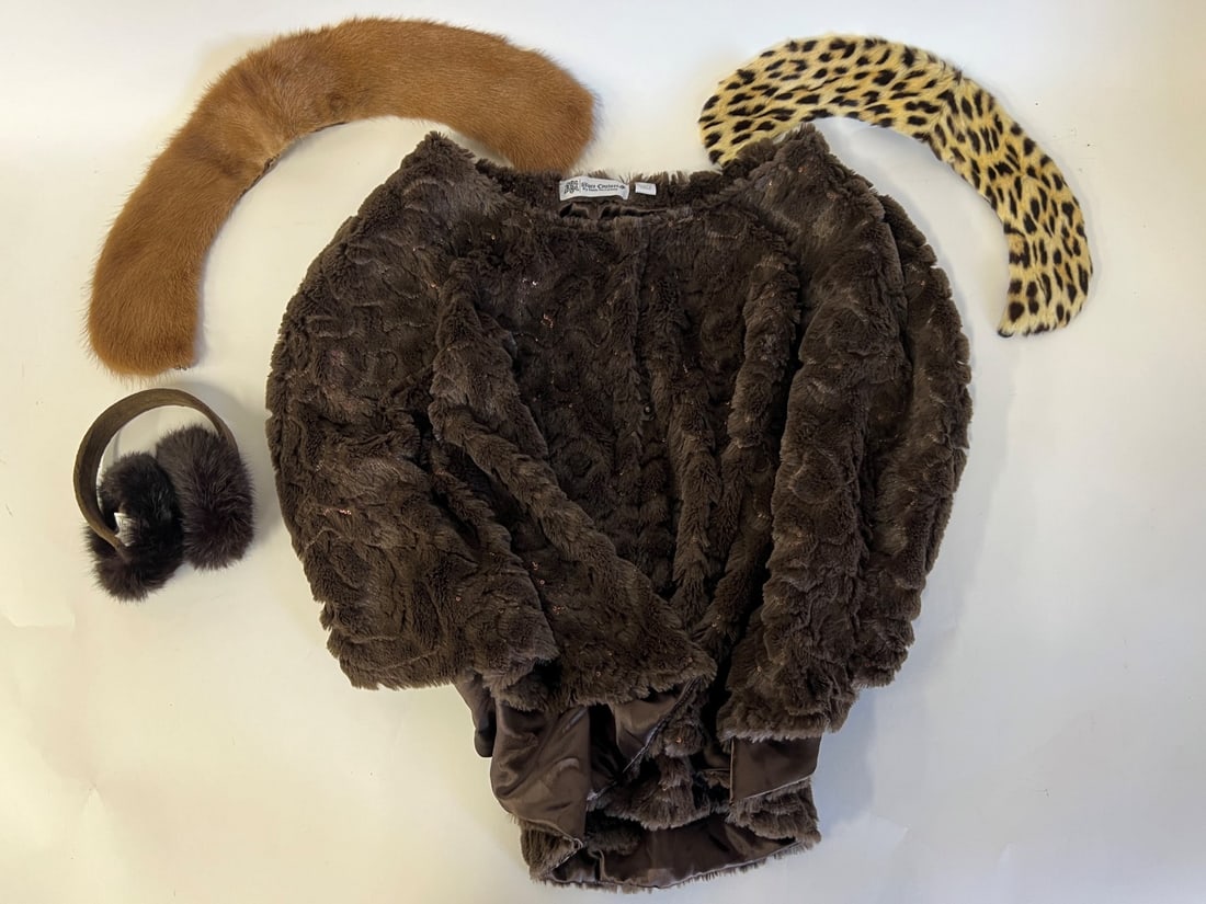 Vintage Lot of Furs inc. Sure Couture Cape (4): Sure Couture Cape Sparkled Cape by Renee McCartney, sparkles throughout, sleeveless. Included in the lot are two fur collars, one brown and one leopard as well as a r. a pr. of rebbit fur earmuffs wit