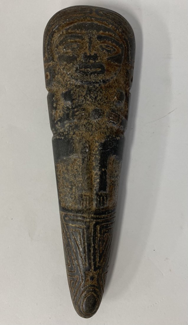 Ancient Taino Stone Hacha: Splendid Engraved black stone Hacha . Caribbean Islands 900-1500 AD 11"H 3 1/2"W