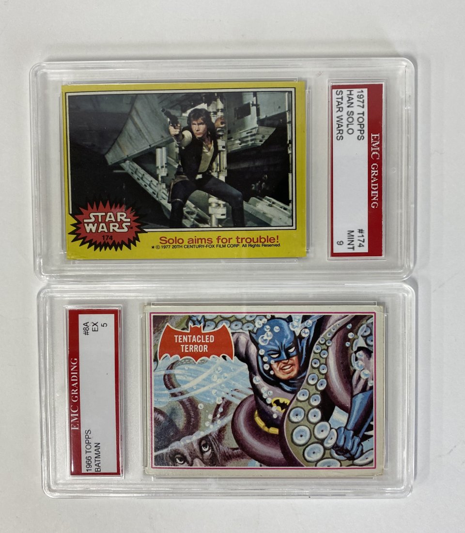Collector's Cards Star Wars & Batman (2): Hans Solo Mint 9 Card 1977 Star Wars . In protective case, Topps; Batman Tentacled Terror Vintage Card Graded Ex 5 1996 Topps in protective case. Two in the lot.