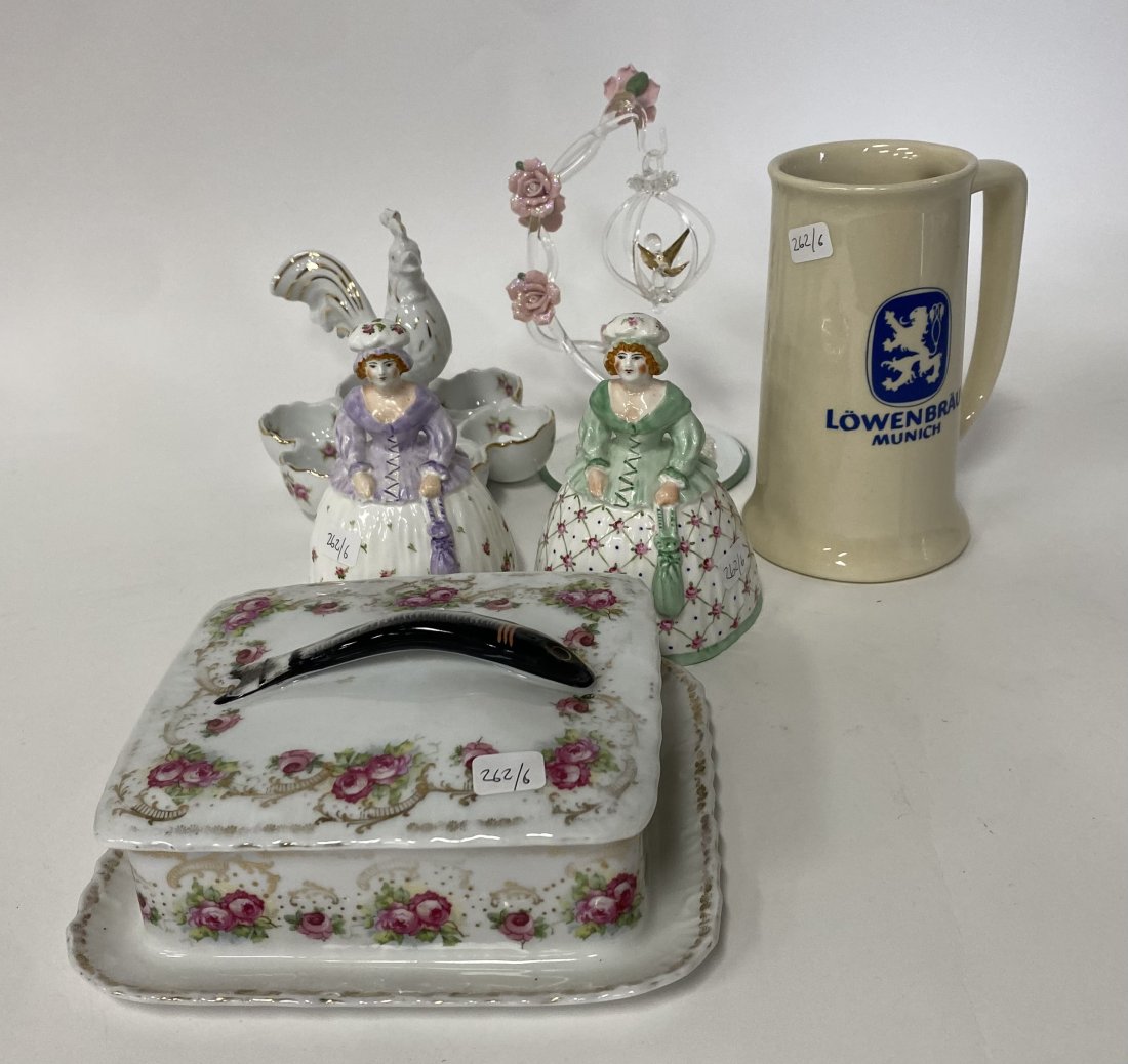 Dealer's Lot Antiques (6) inc Royal Worcester: Victoria Austria Sardine Dish, Covered, figural sardine at the top. 6 1/4"L.; Murano glass bird marked Baron, 7 1/4"; Two porcelain lady figures by Royal Worcester, England 6 1/4"H; Lowenbrau mug; a r