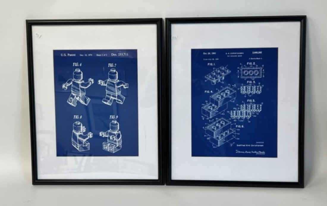 Unusual Lego Blue Prints (2): Toy Building Brick Oct. 24 1961 G. K. Christansen. 3,005,282 Filed July 28, 1958 and US Patent Dec. 18 1979 Sheet 2 of 2 Des, 153.711. (Information printed on pcs.Both framed .