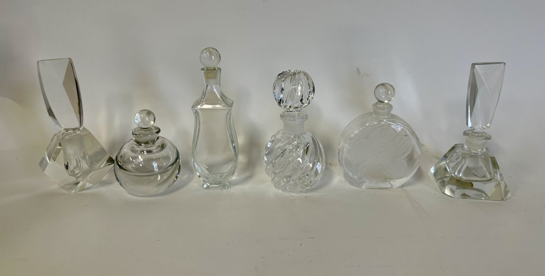 Dealer's or Collector;s Lot of French & Other Perfumes (6): Dealer or Collector's Lot of French and other perfume bottles; Jean Desprez sgd. ; Sasaki crystal with frosted flower; hand cut Jnames Japanese and three others as pictured. Six in the lot