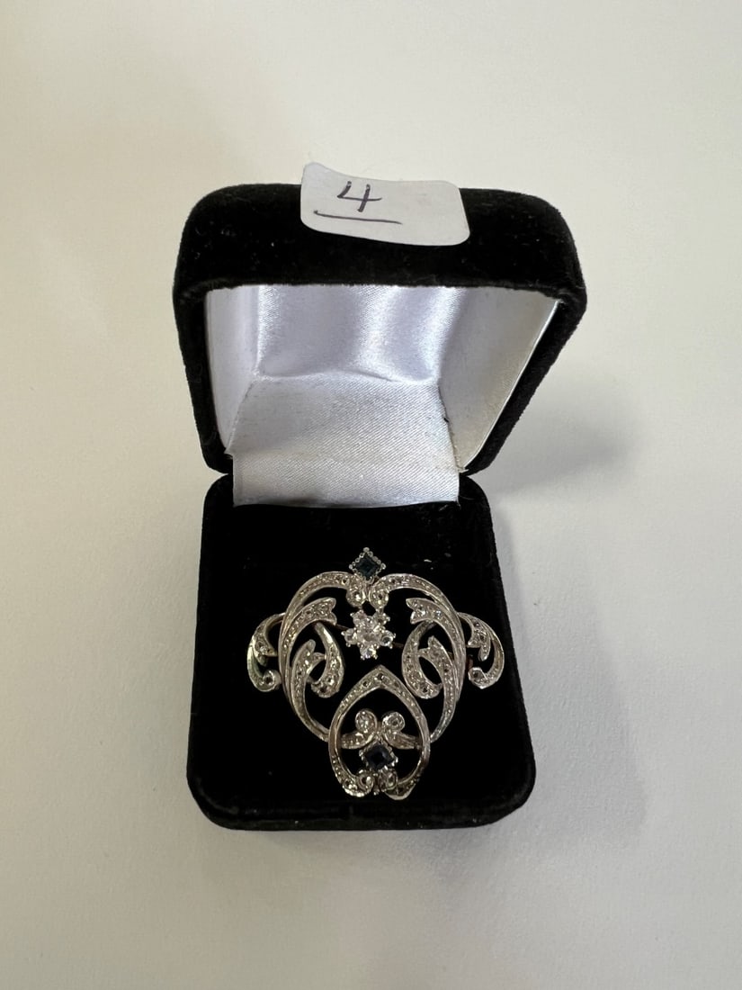 Sterling Silver & Marcasite Brooch w/ Aquamarines (1 of 2)