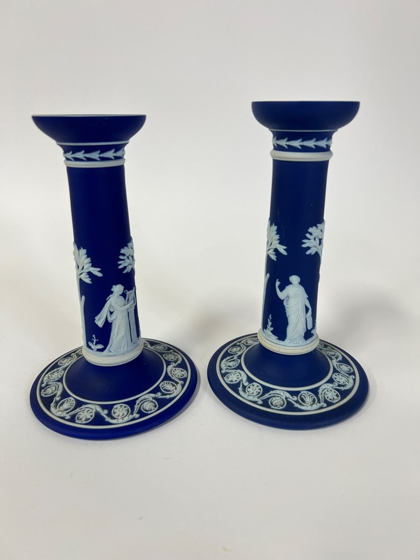 Pr. Good Quality Wedgwood Candlesticks.: Deep blue color. Marked at the underside Wedgwood Made in England 7 1/2"H