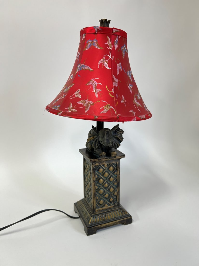 Elephant Lamp with Silk Shade: Red Silk shade with floral print. Elephant figure on the base. 23.5" Tall.