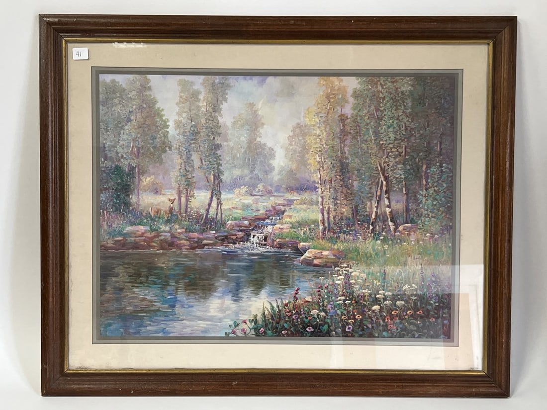 Print of Deer by a Stream: Framed and Matted. 25.75"H x 31.25"W