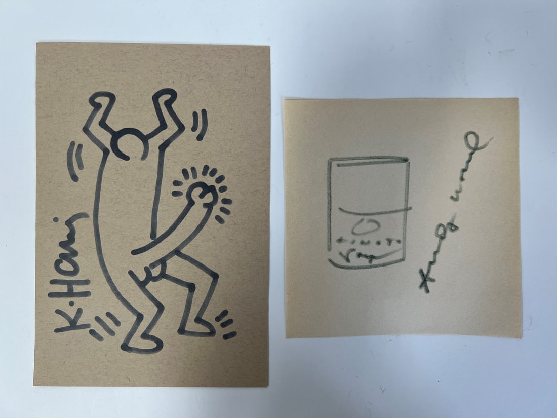 Keith Haring and Andy Warhol Lithos (2): Haring litho , erotic, sgd. 8 1/2" x 5 3/4"; Warhol litho, tomato soup can, with signature. 5 3/4" square. Two in the lot.
