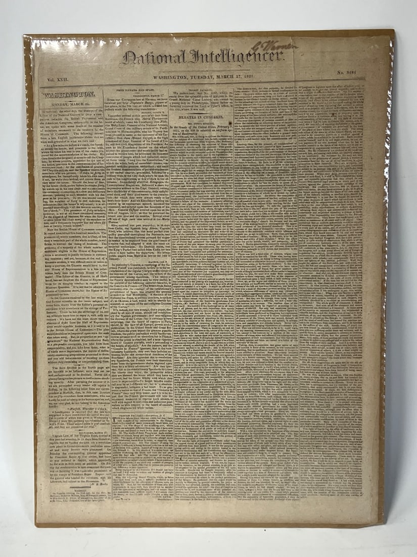 National Intellegence Paper March 27th 1821: Report of Happenings in Washington D.C. Paper form. Senate, Debates in Congress. News from Havana and Cuba. Story of Runaway Slave20"H x 15"W