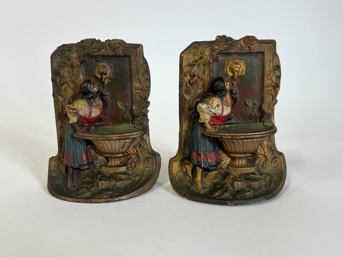 Pr. Antique Brass Bookends. Woman at Fountain (1 of 4)