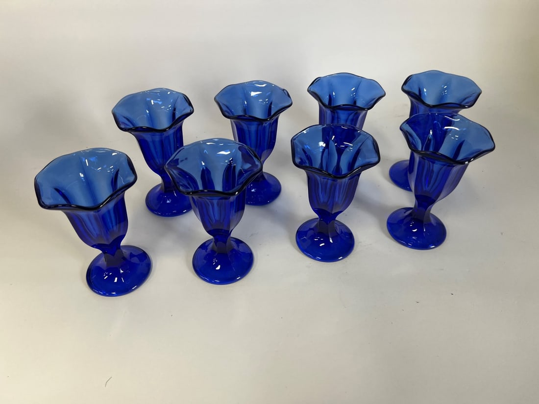 Set of 8 Cobalt Blue Ice Cream Glasses: Fluted edge. Pedestaled. Eight in the lot. 6"H