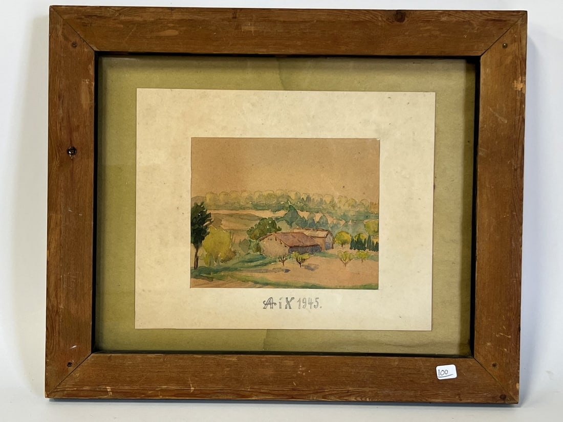 Watercolor. Landscape. AIX 1945: Label at back German P. Ws. of the 228th General Hospital In Honour of Captain Brown, U.S. Army. 15"H x 18"W