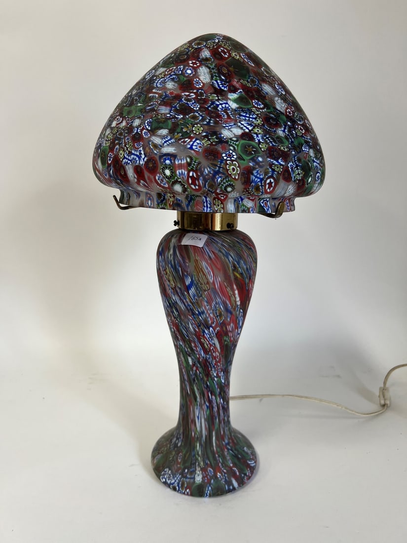 Murano Glass Lamp Millefiore: Multi-Colored Swirl Murano Glass Millefiore Art Glass Lamp 12 1/4"H (base) Shade is 7 1/2"H and 8"W (where it sits on base. Overall H. when together 20 1/3"H