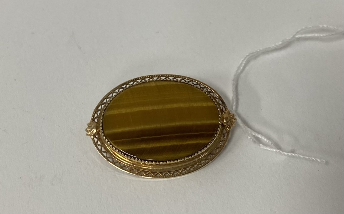 12 K Gold Filled and Tiger Eye Antique Brooch: 1 1/2"L
