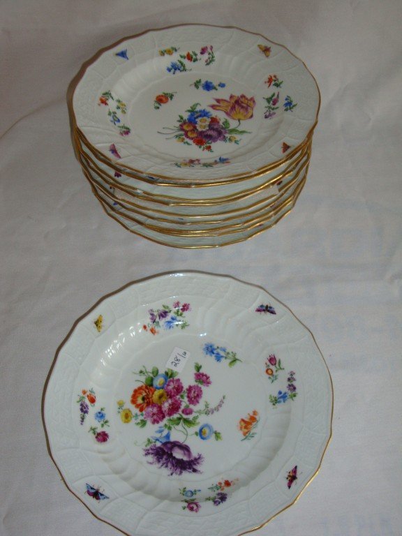 Meissen Floral Soup Bowls (10): Very similar in coloring, some variations. Floral and butterfly decorations. Blue crossed swords of Meissen mark. One with an underside chip. 9 1/2"W