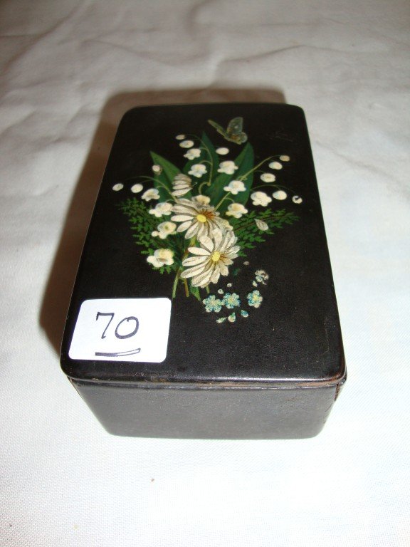 Victorian Hand Painted Dresser Box: Hand painted and enameled with lily of the valley and daisies 4 1/4"L.