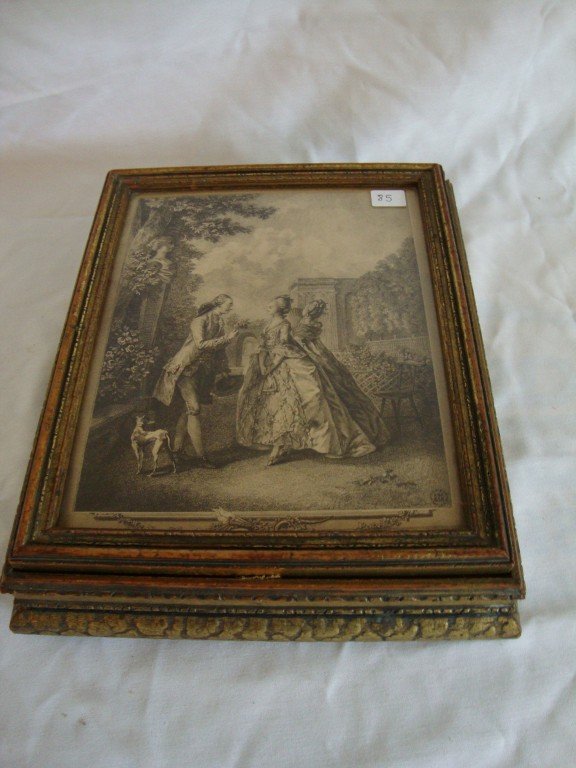 French Victorian Dresser Box: Classical garden scene lithographed at the top. Glass and fabric lined. 10" x 12" x 3"