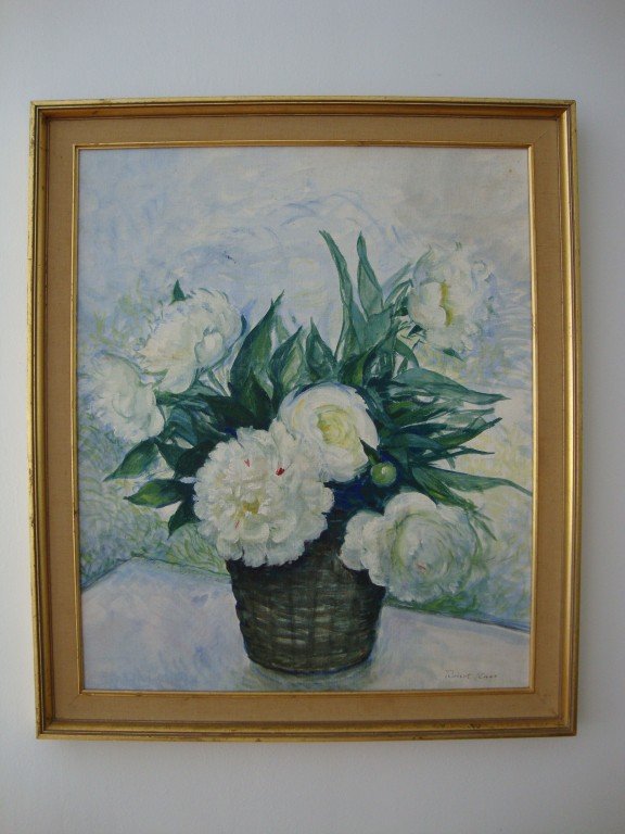 Robert Knox Oil Painting, Signed: Still Life With Peonies. Oil on board, signed lower right. Gallery framed. 27" x 23"