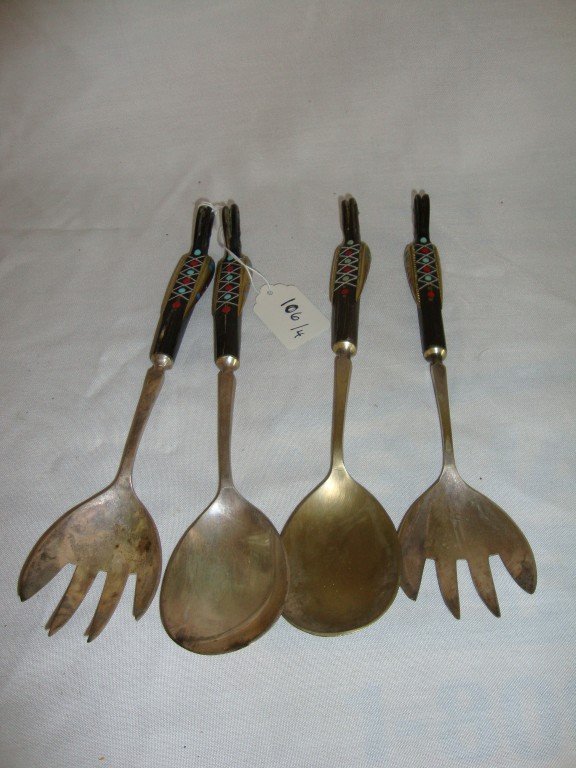 Turkish Turquoise, Coral, Silver Serving Ser: A set of four serving utensils with bird form brass mounted wooden handles inlaid with coral and turquoise.. Without markings 11"L