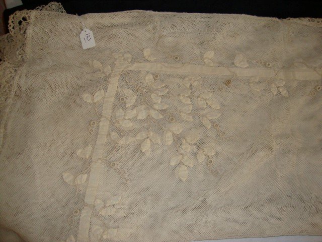 Antique Lace and Applique Bed Cover: Central medallion. Hand Sewn. 90" x 95"
