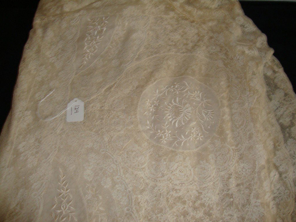 Intricate Vintage Lace and Embroidered Table Cove: Comprised of very complex medallions. Scalloped edges. 67"W. x 90"