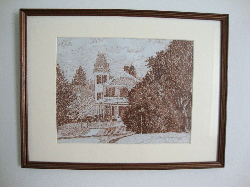 August Mosca Pen & Ink, Signed: "Pike House, Shelter Island Heights" Brown ink on paper, signed and dated 1984 lower right. Gallery matted and framed. 12" x 16"