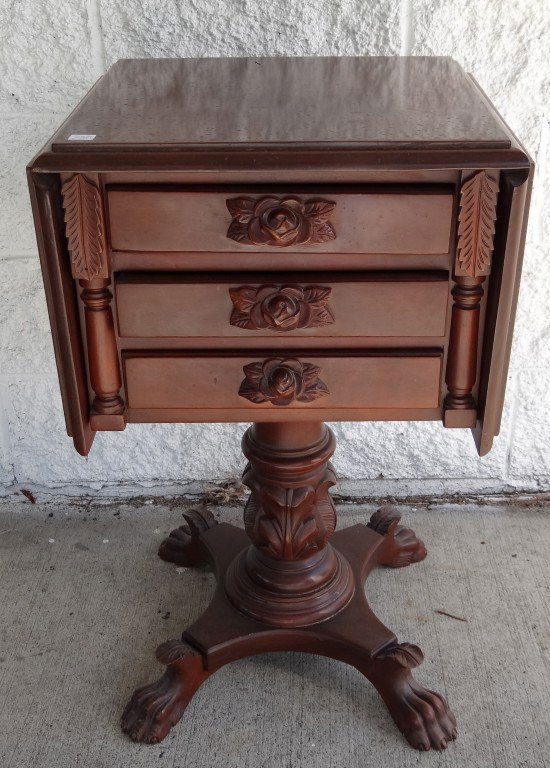 Duncan Phyfe Style Drop Leaf Stand: Three drawer stand with ornate paw feet. 29"H.