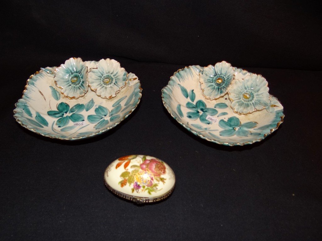Two Italian Hand Painted Bowls & Egg: Two Green and White Italian hand painted bowls together with a bronze mounted hand painted egg. Included in the lot is a B. Altman silver plated snuffer in the original box. Never opened. Never used.