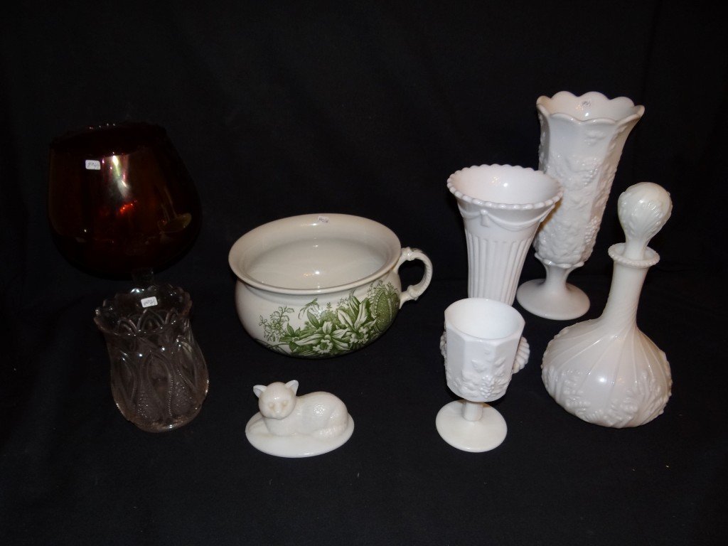 Lot of Misc. Glass and China (8): The lot included a ruby lustre snifter, two milk glass vases, a milk glass decanter, a milk glass pedestaled goblet; a pressed glass vase; a milk glass cat , an ironstone chamber pot.; Varying sizes. 